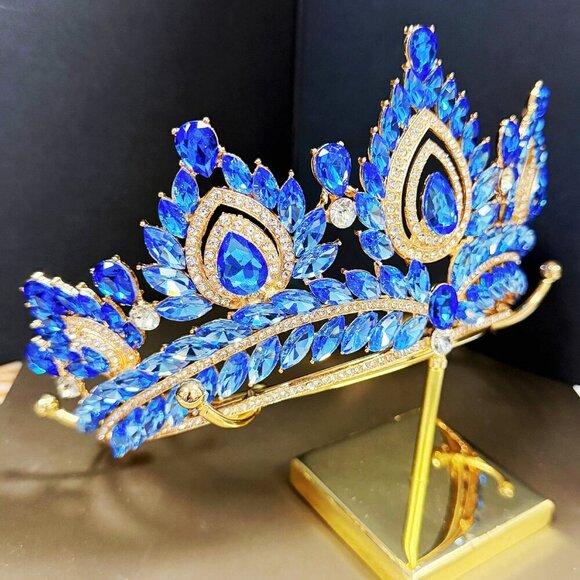 Quinceanera Crown, Blue Rhinestone Crown, Large Size Crown, Gold Crystal Crown main image 5